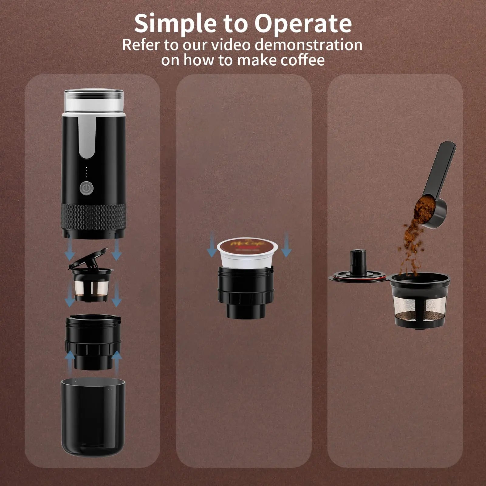 Black portable travel coffee maker showing step-by-step assembly for coffee pods or ground coffee with scoop.