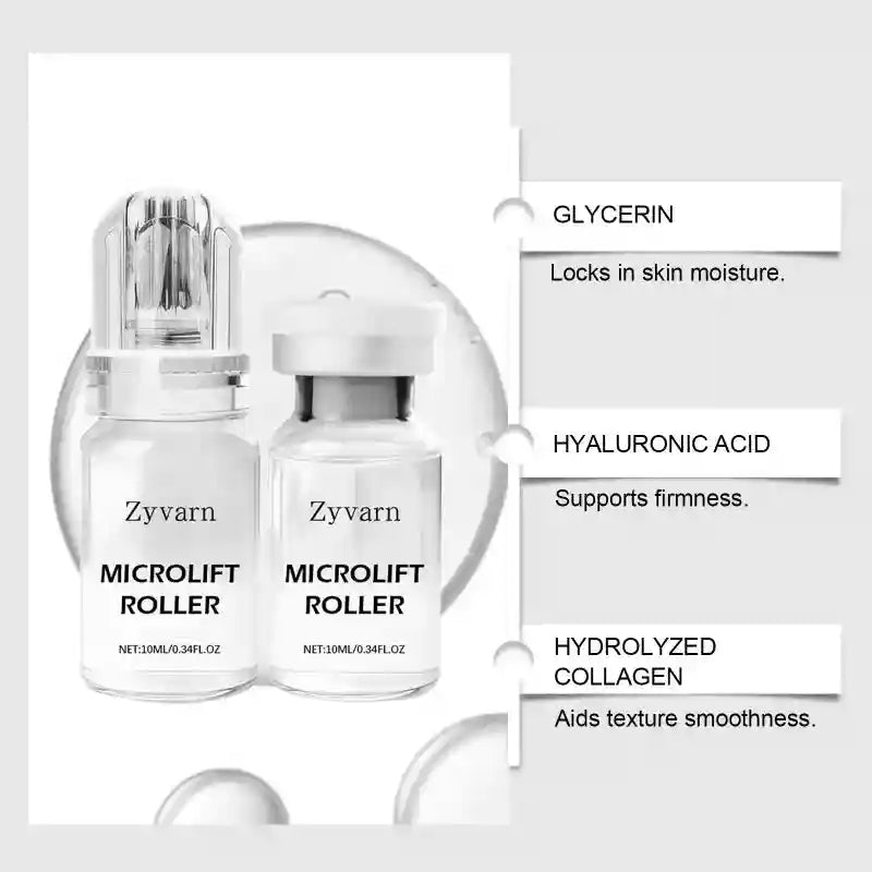 Two glass vials of Zyvarn Microlift Roller serum with ingredient callouts for glycerin, hyaluronic acid, and collagen.