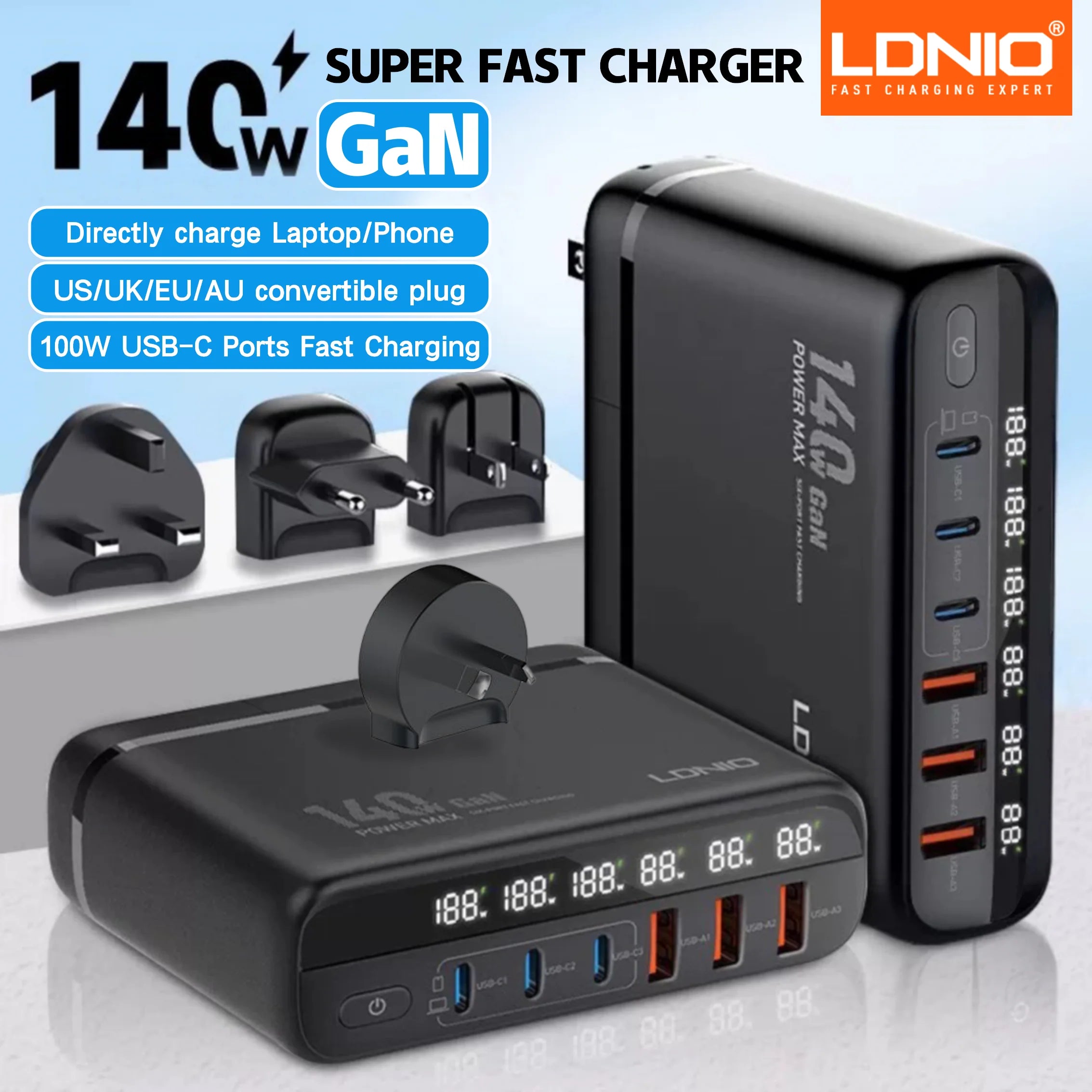 LDNIO 140W GaN international Travel Adapter USB C Charger Block 100W Port LED Display AU US UK EU Charging Station Wall Charger