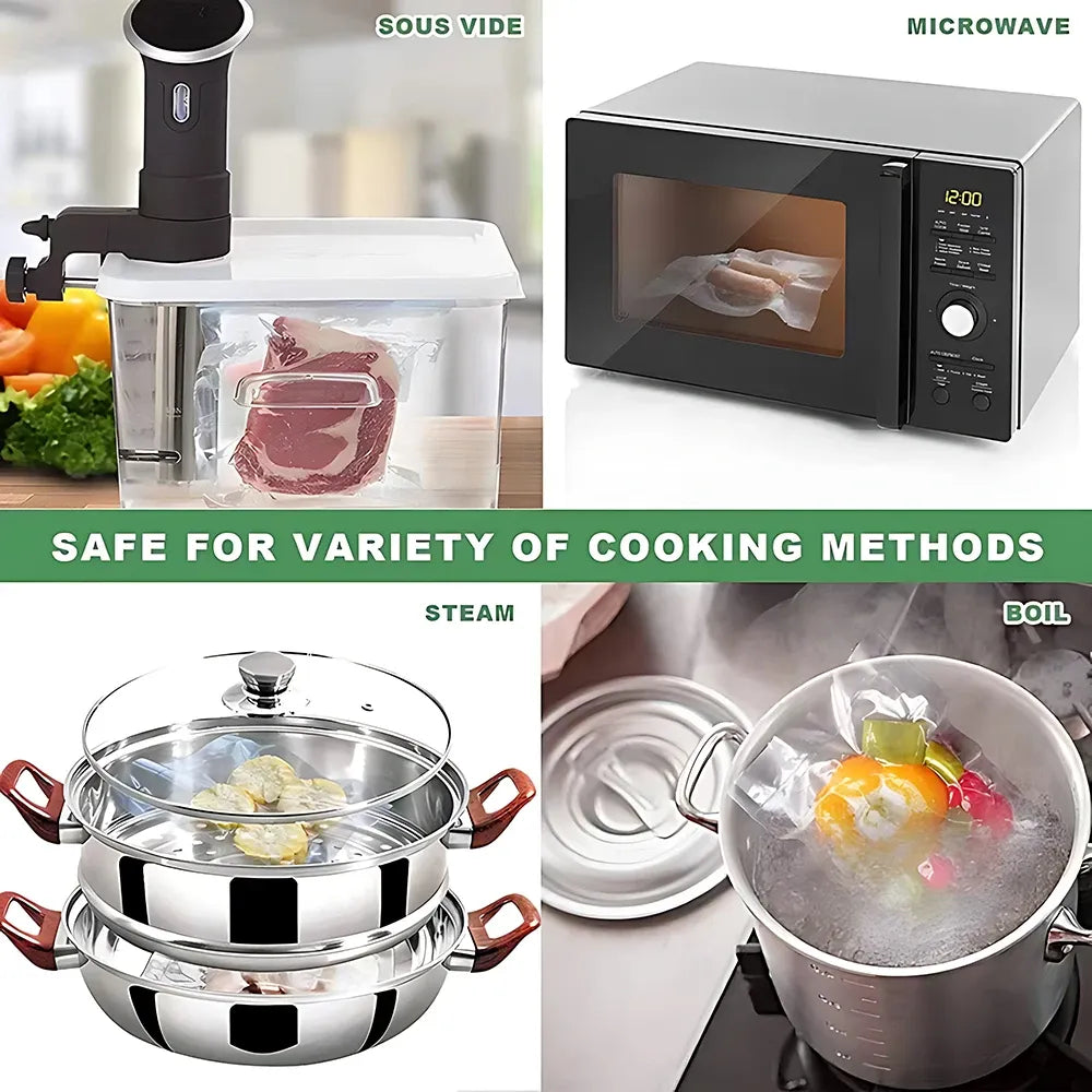 Vacuum sealer bag for sous vide and microwave cooking, shown with sealed meat