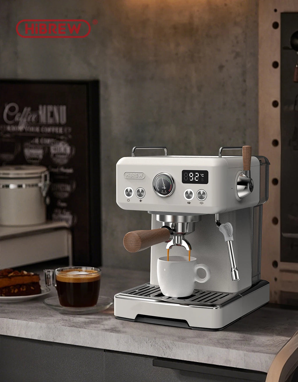 HiBREW white espresso coffee machine with wooden handle, digital display, pressure gauge, and steam wand.
