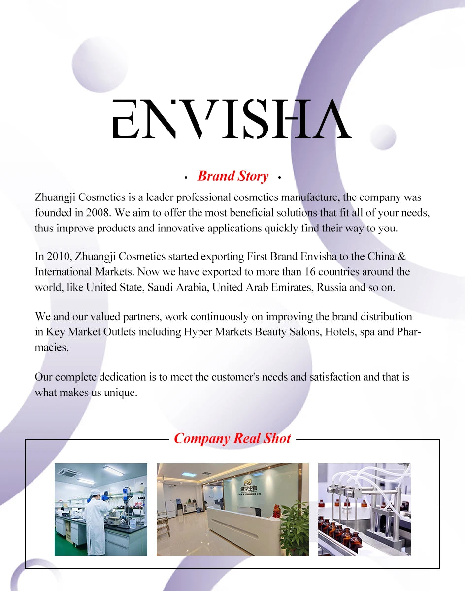 Company brand story document featuring text about a cosmetics manufacturer and photos of lab, office, and production.