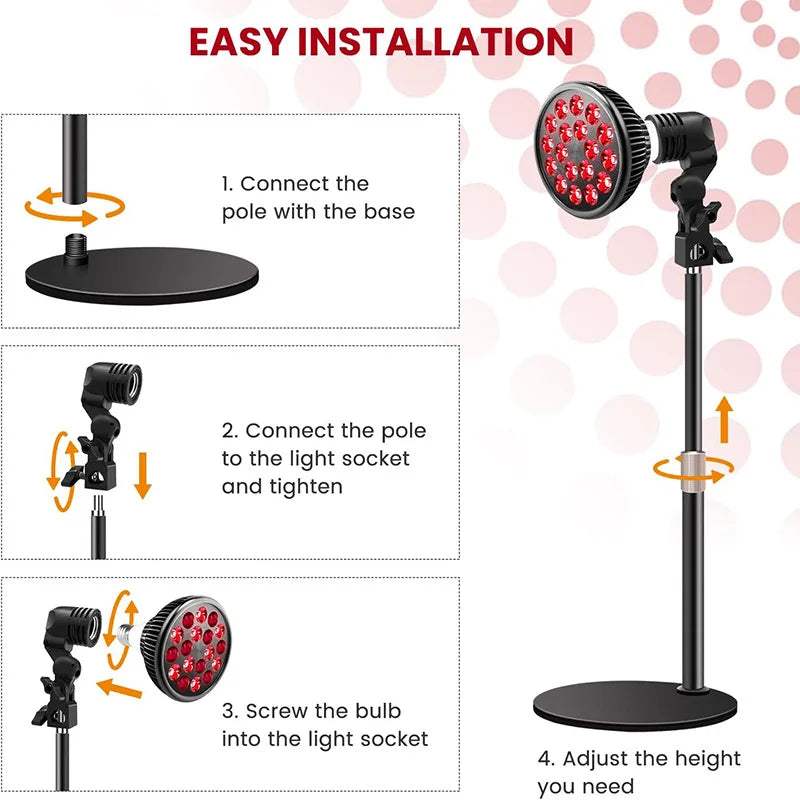 Assembly guide for red light therapy lamp with stand for facial skin care and muscle pain relief.