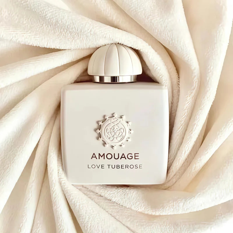 Amouage Love Tuberose EDP: White square bottle, unisex luxury floral oriental perfume, 100ml Arabian scent design.