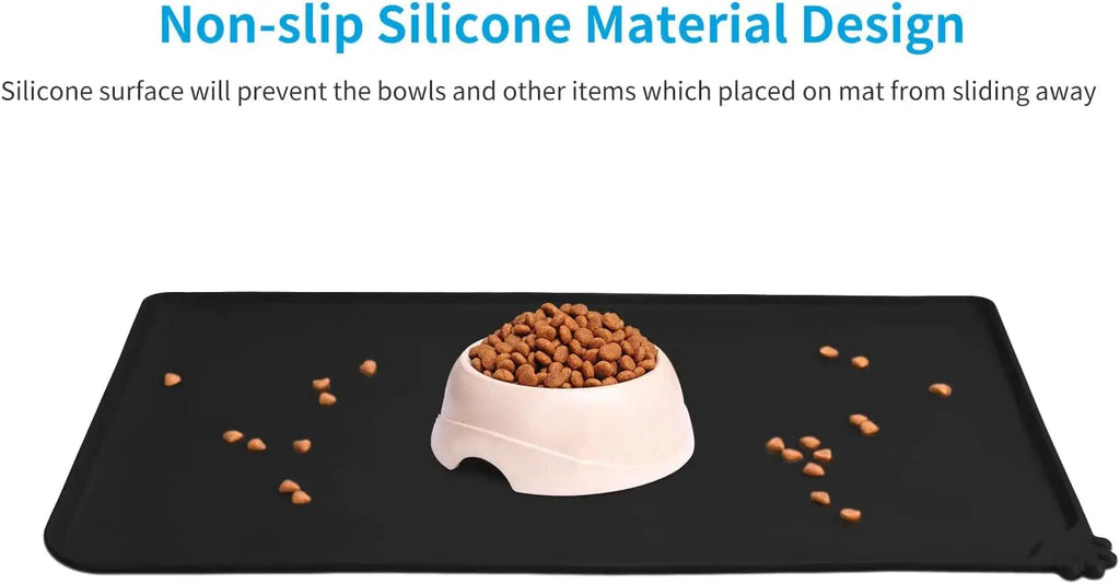 Non-slip, waterproof black silicone pet feeding mat with raised edges for dog and cat food bowls. Keeps floors clean.