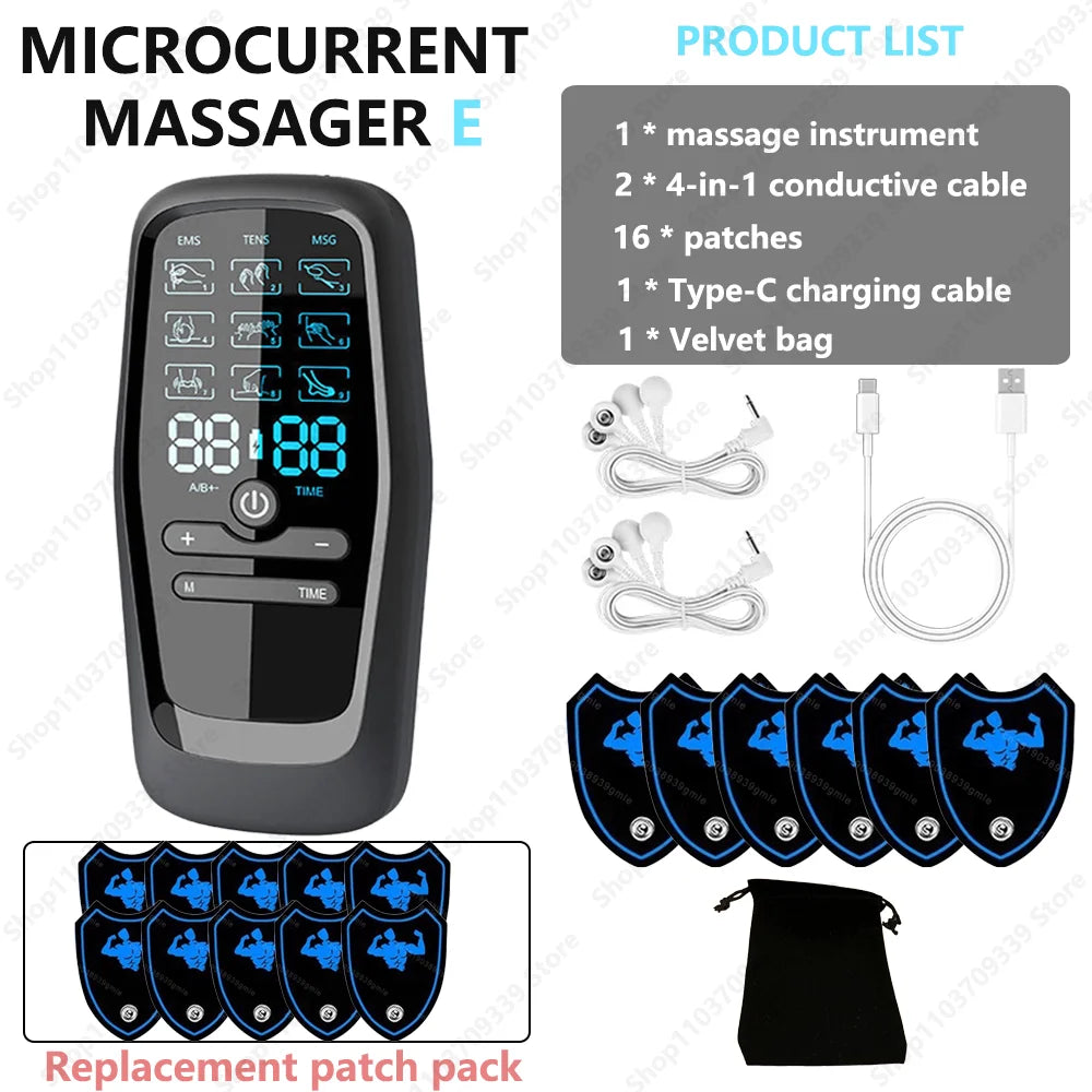 Black handheld microcurrent massager with digital display, conductive cables, 16 electrode patches, and storage bag.