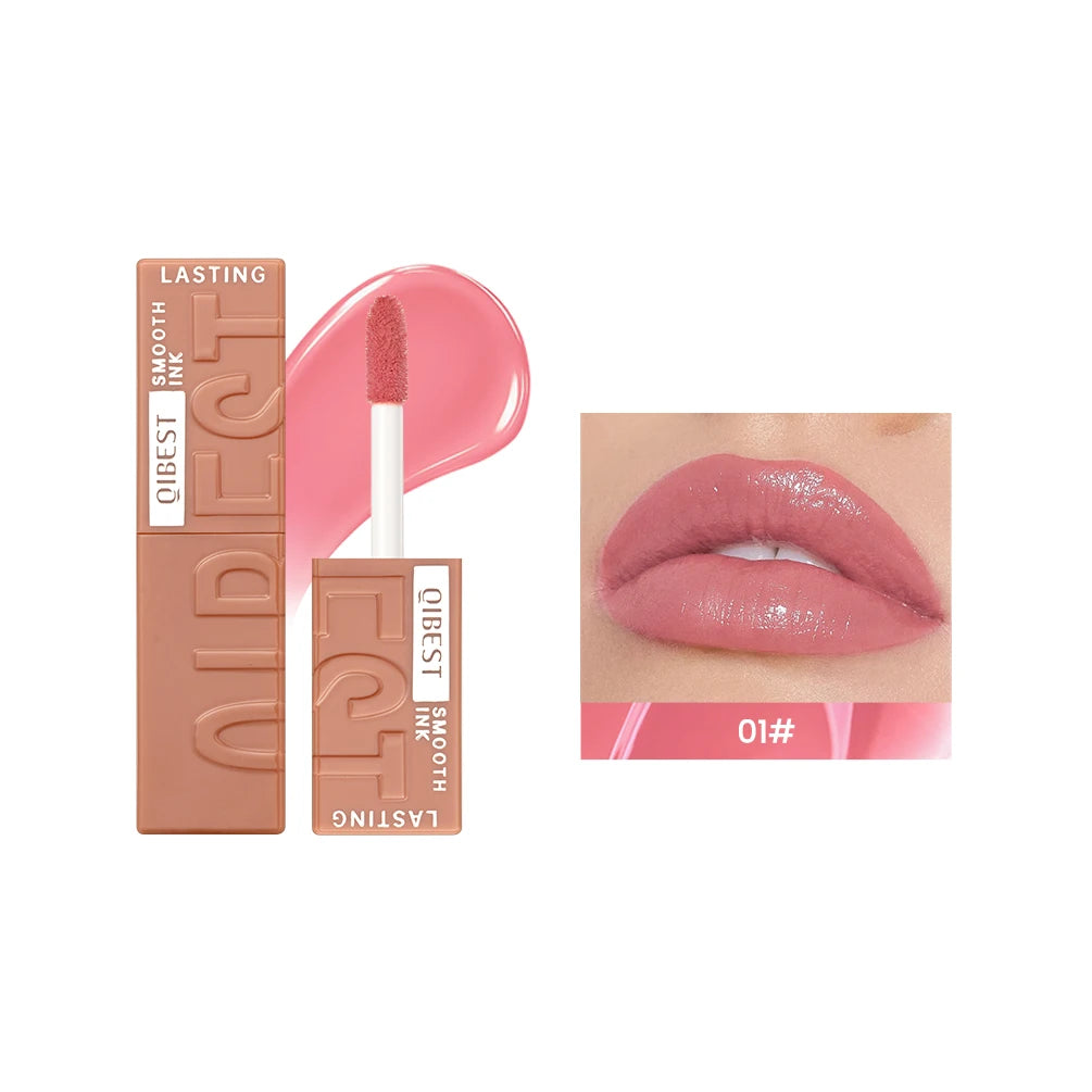 QIBEST watery mirror lip glaze, 01# pink shade, long-lasting moisturizing liquid lipstick with high-shine glossy finish.