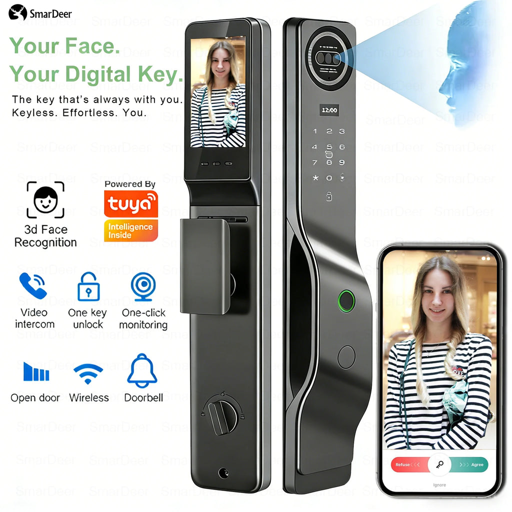 3D Facial Recognition Smart Door Lock with Video Doorbell Camera, Tuya WiFi Fingerprint Password Keyless Security Lock