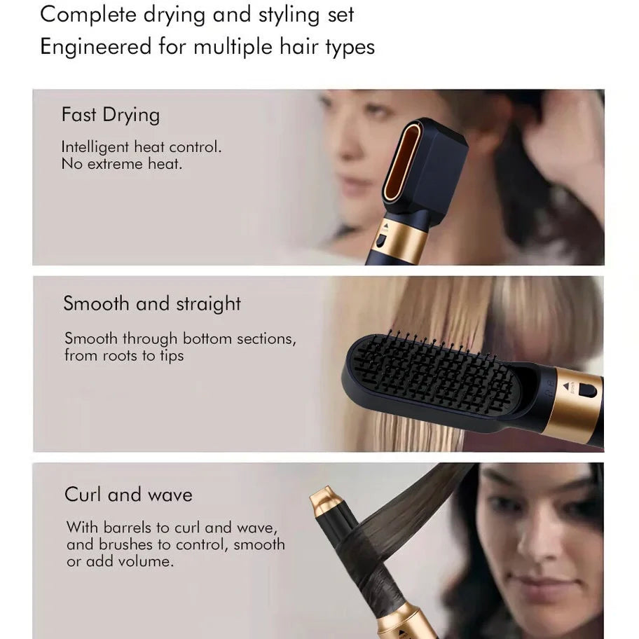 Black and gold 6-in-1 hair styler set with drying, smoothing brush, and curling barrel attachments for all hair types.