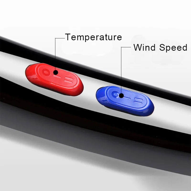 Professional hairdryer handle with red temperature and blue wind speed control switches for custom styling settings.