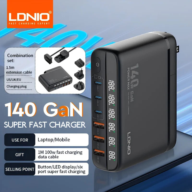 140W GaN USB C Charging Station 6-Port Hub for Universal Travel Tidesmit