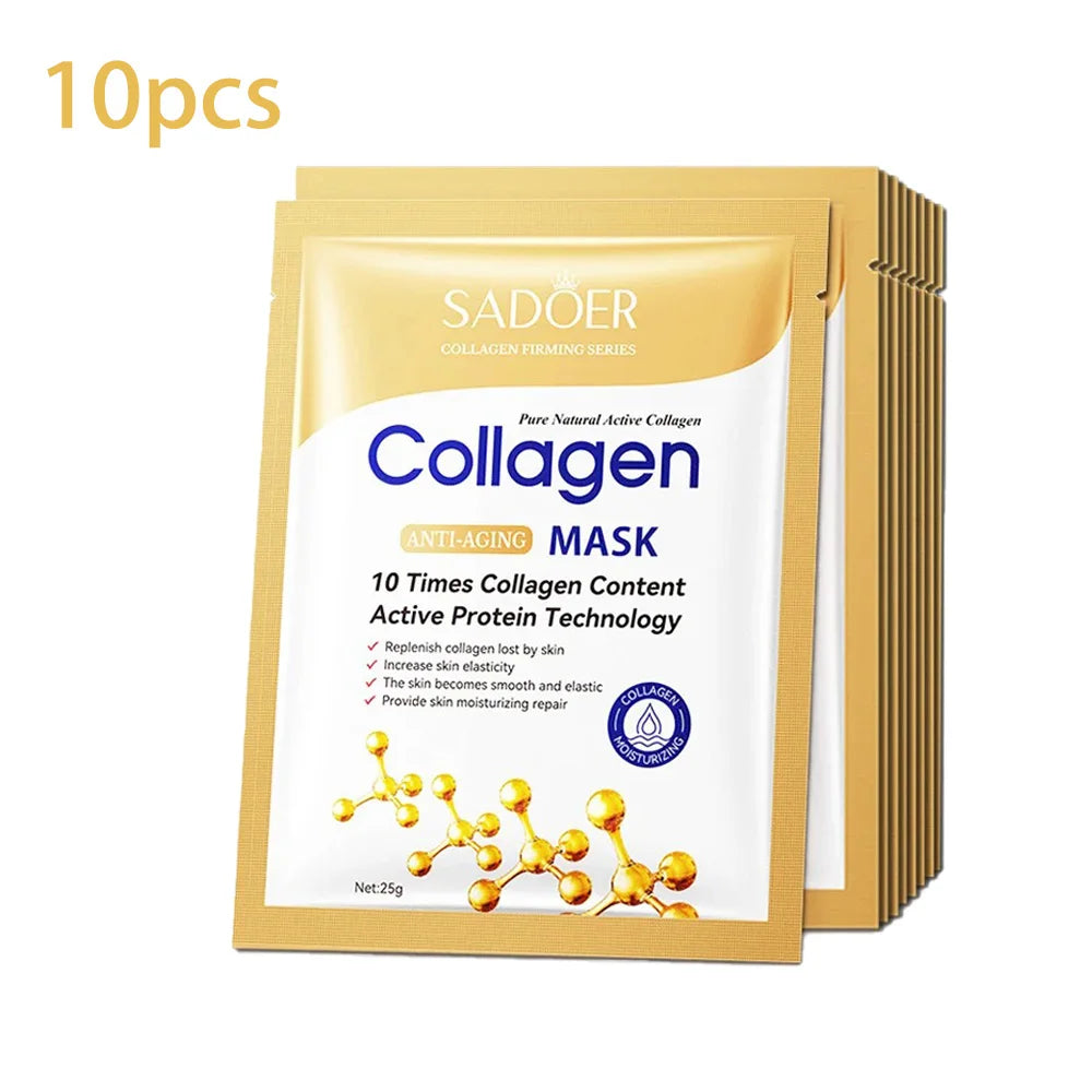 SADOER collagen anti-aging face mask set, 10 sheet sachets in gold