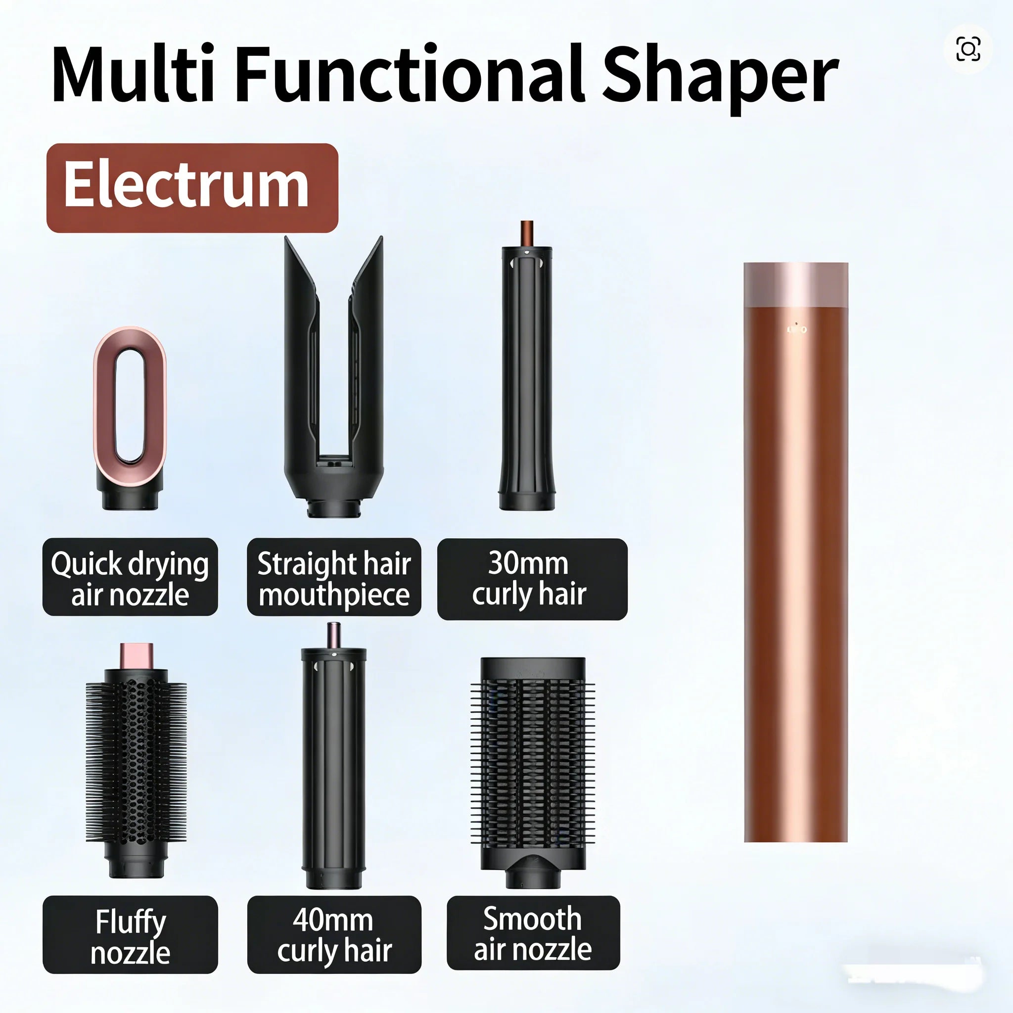 6-in-1 bronze negative ion hair styler set with blow dryer, curling wands, and various styling brush attachments.