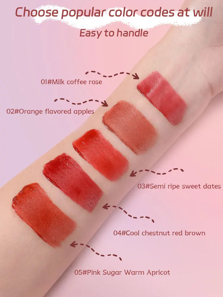 Swatches of moisturizing, long-wearing liquid lipstick in five pigmented shades ranging from rose to warm apricot.
