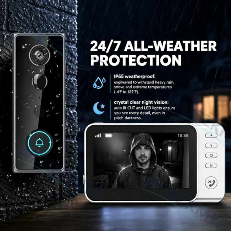 New Waterproof Wireless Doorbell Camera 4.3in IPS Screen Active Wake-Up Video Intercom Doorbell 1080P Home Security Door Bell