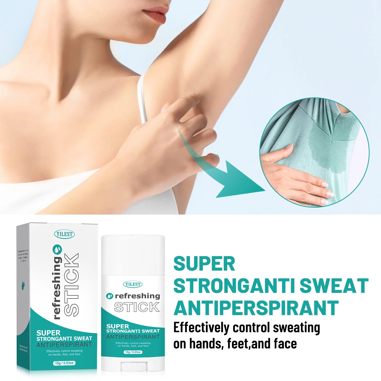 TILEST white anti-sweat stick with teal branding for dry hands, feet, and underarms against sweat marks.