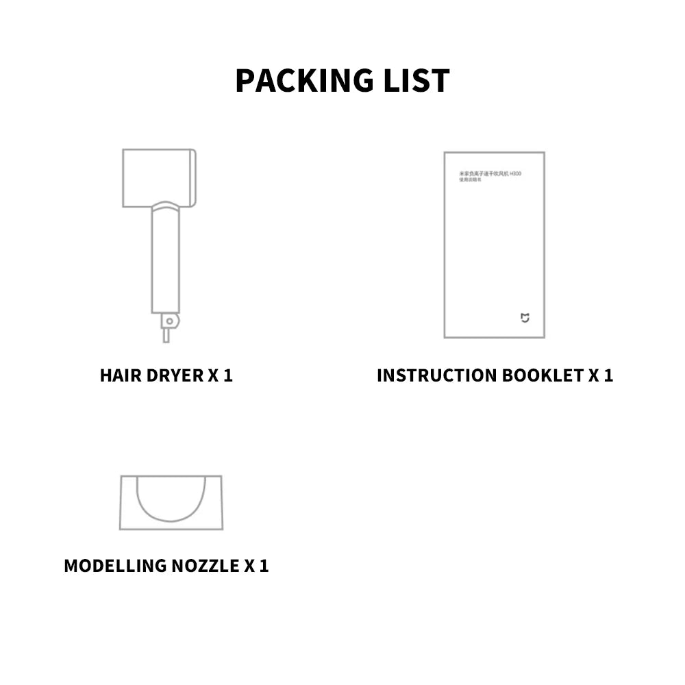 Xiaomi Mijia H300 ionic hair dryer packing list showing dryer, styling nozzle, and instruction manual outline.