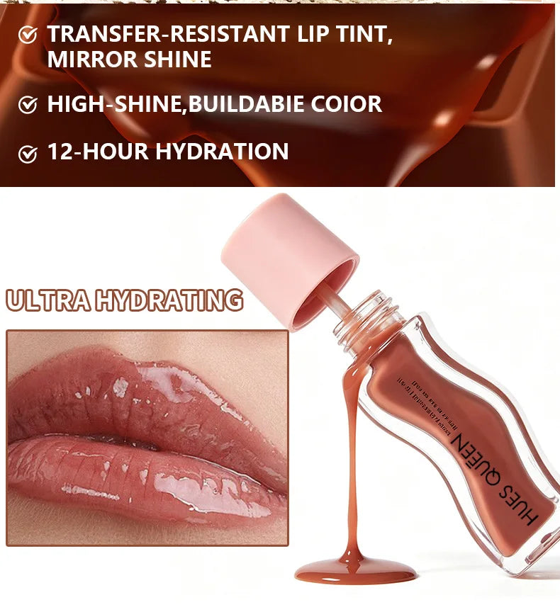 Hues Queen moisturizing lip gloss tint in nude brown with high-shine, hydrating mirror finish for Western-style makeup.
