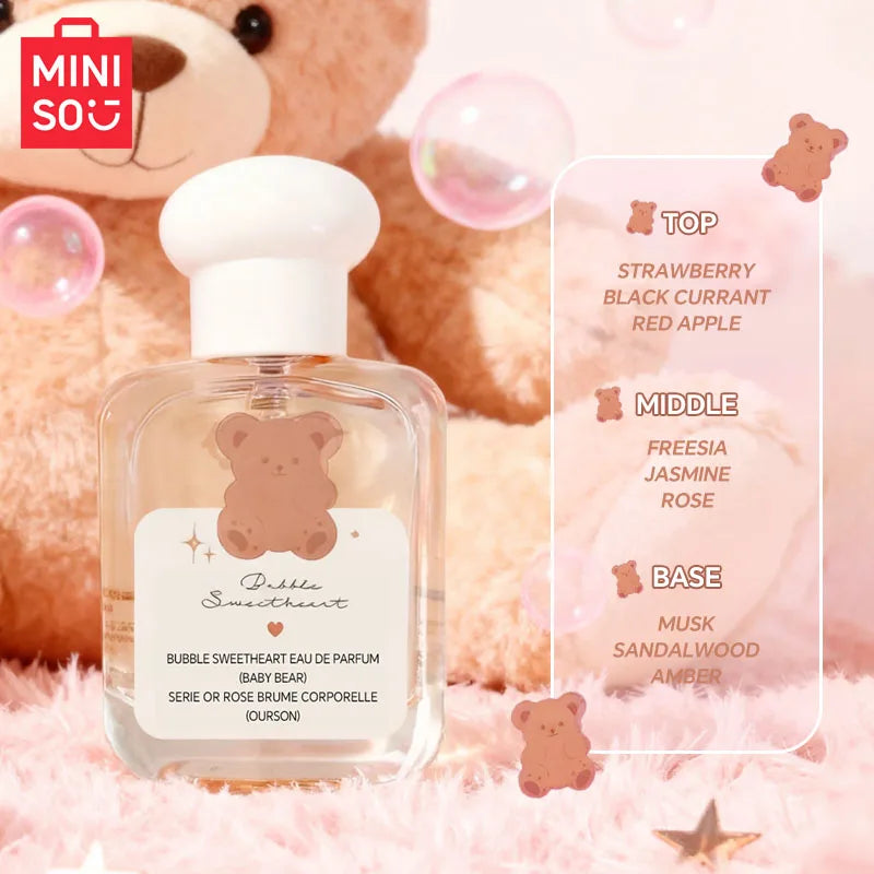 MINISO Bubble Sweetheart women's 15ml EDP. Floral bear-shaped bottle, strawberry, jasmine, musk fragrance notes.