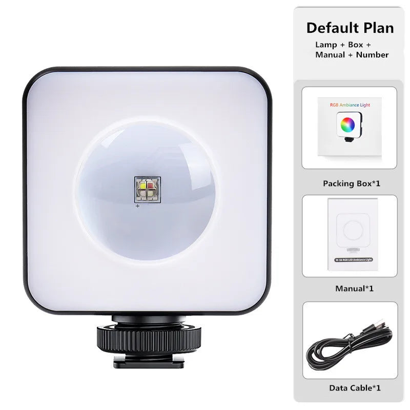 Square RGB LED video light with a white diffuser, black frame, and cold shoe mount for camera or tripod mounting.
