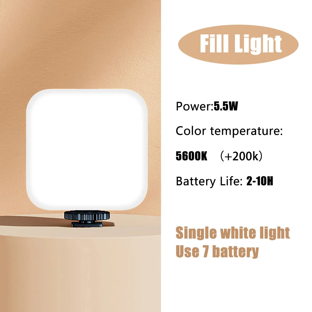 Square LED fill light with a white matte finish and black cold shoe mount for photography and video lighting.