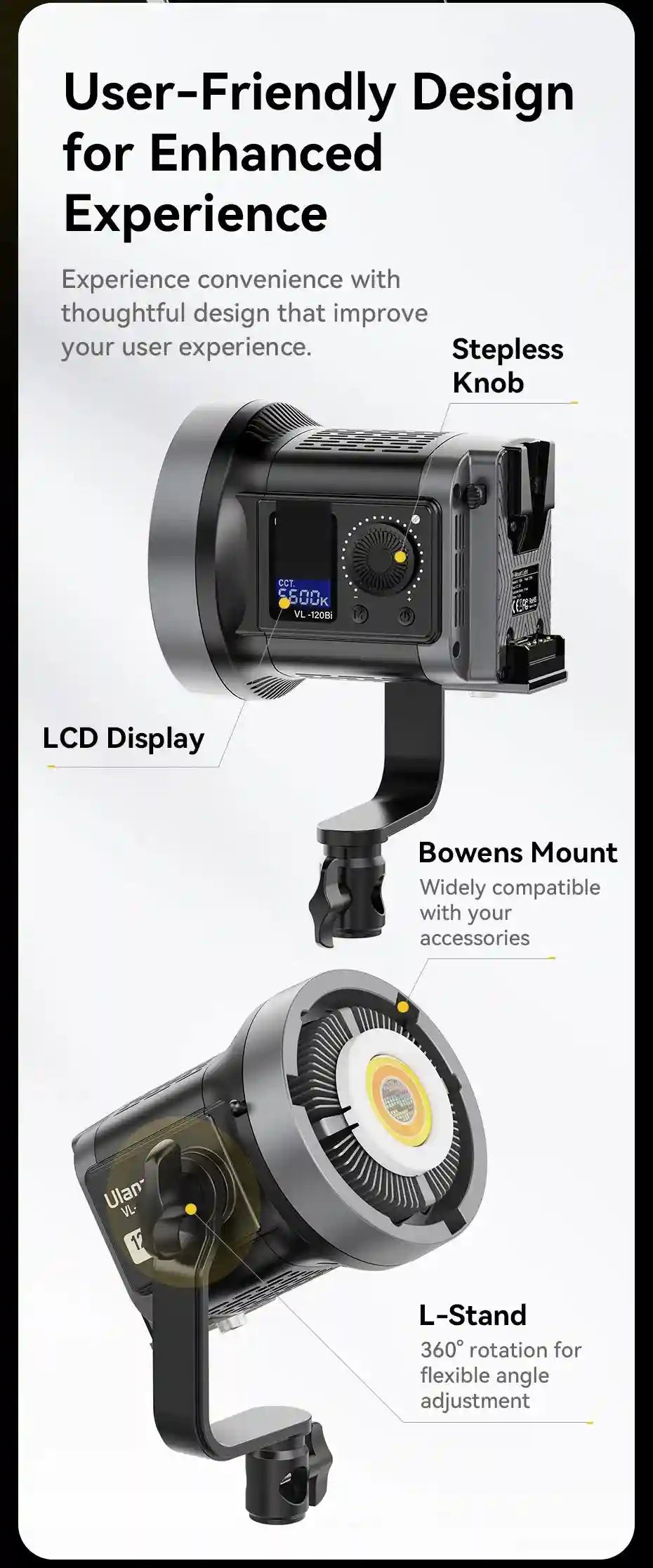 Black LED COB video light with LCD display, stepless knob, adjustable L-stand, and Bowens mount for studio lighting.
