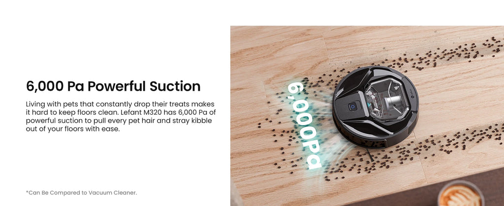 Tidesmit Lefant M320 robot vacuum with 6000Pa suction cleaning carpet floor in side profile view