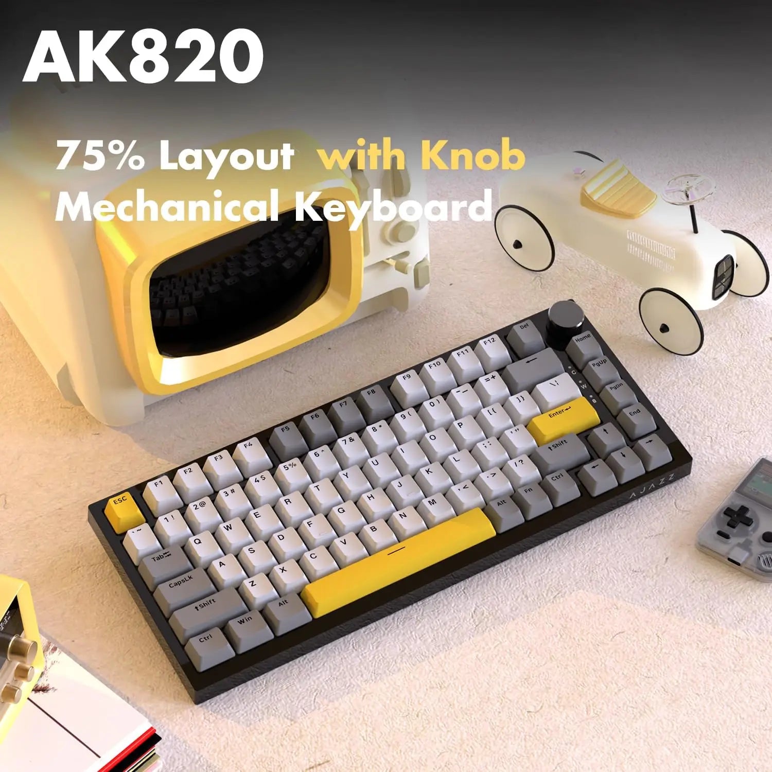 AJAZZ AK820 Wired Mechanical Gaming Keyboard 75% Layout 82 Key Hot-Swappable Design Metal Volume Knob Ideal Esports Office Use