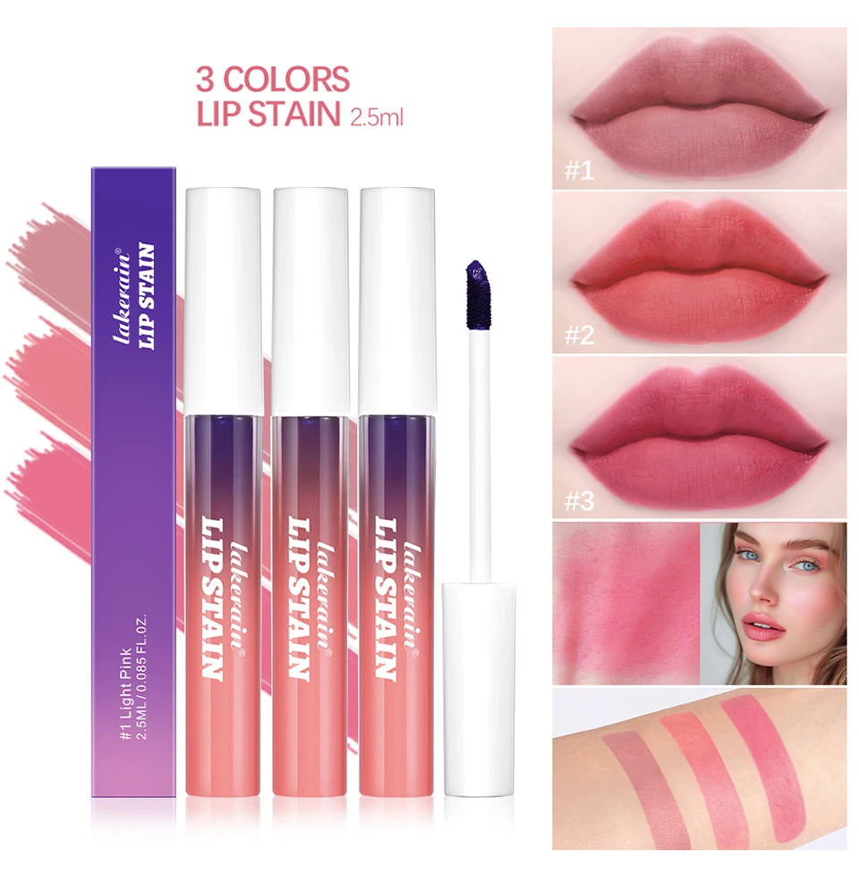 Lakerain waterproof peel-off lip stain set featuring 3 pink shades with a long-lasting, transfer-proof matte finish.
