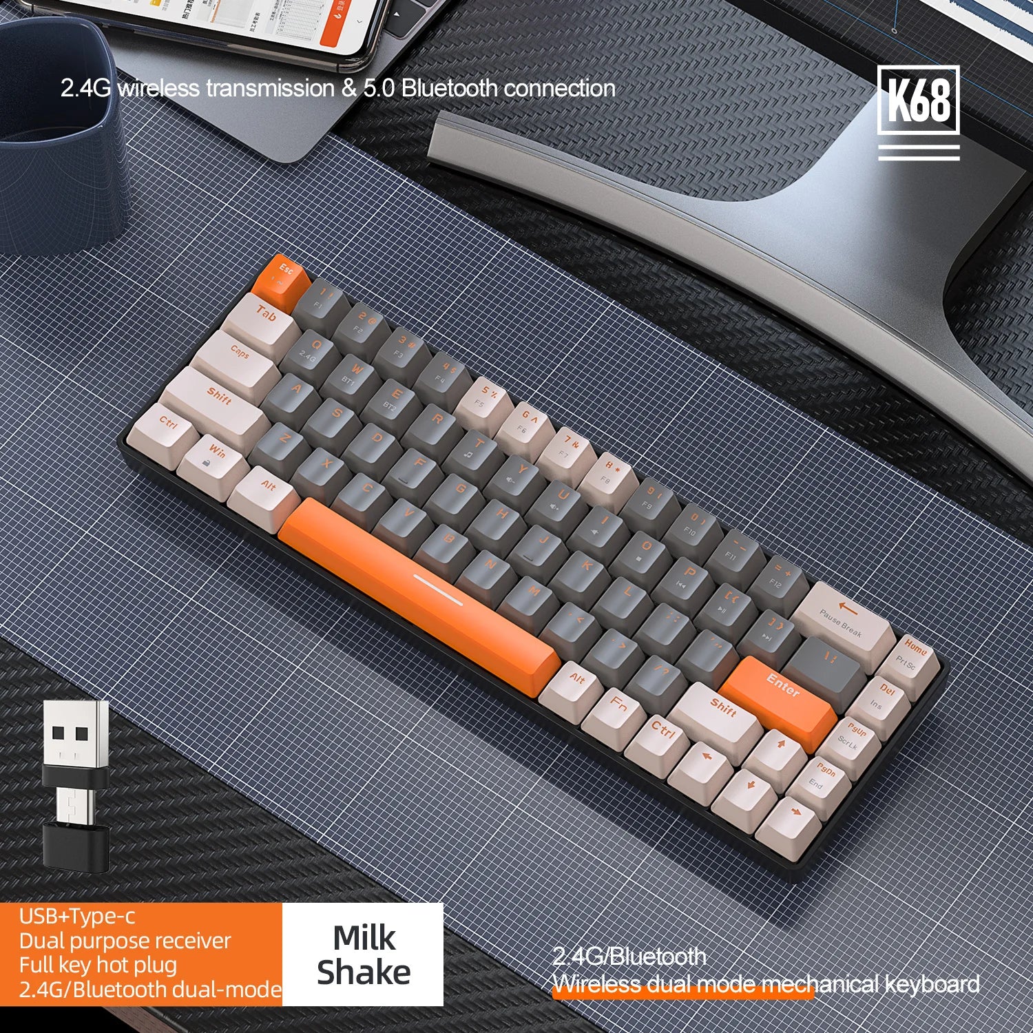 60% Wireless Mechanical Keyboard Bluetooth Dual Mode Hot-Swap Ziyoulang K68 Mini Keyboard 68-Key Red Switch for PC/IPhone iPad