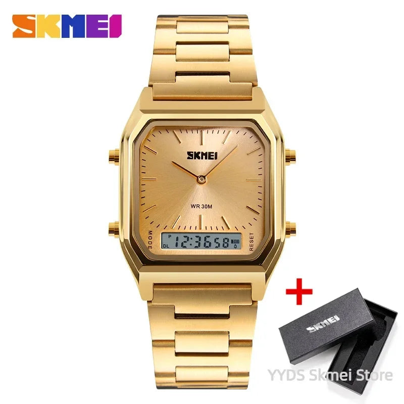 Gold stainless steel Tidesmit Skmei watch with square case, analog hands, and digital display, includes gift box.