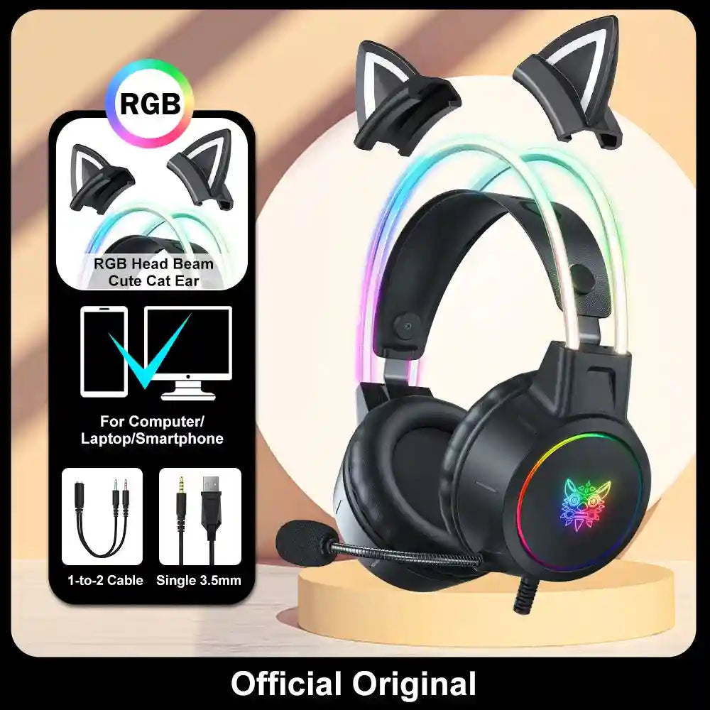 Gaming Headset with Mic - Wired RGB Over-Ear Headphones by Tidesmit Black with Cat Ear Tidesmit