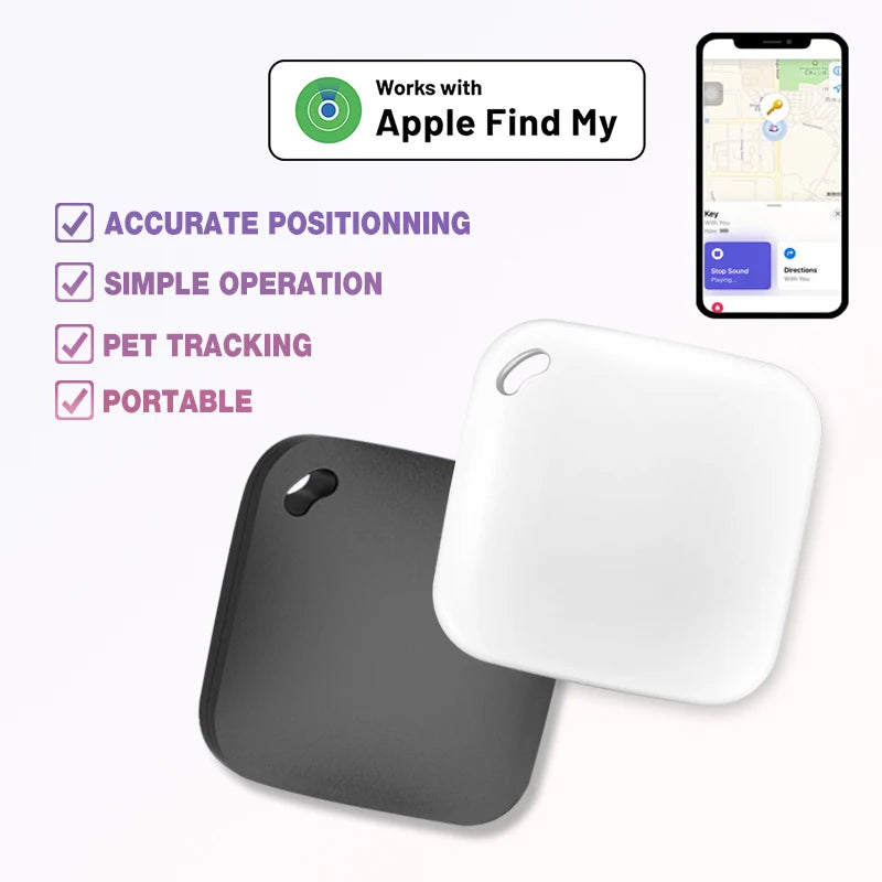 Smart GPS tracker tags for pets, works with Apple Find My, black and white Bluetooth devices for accurate location.