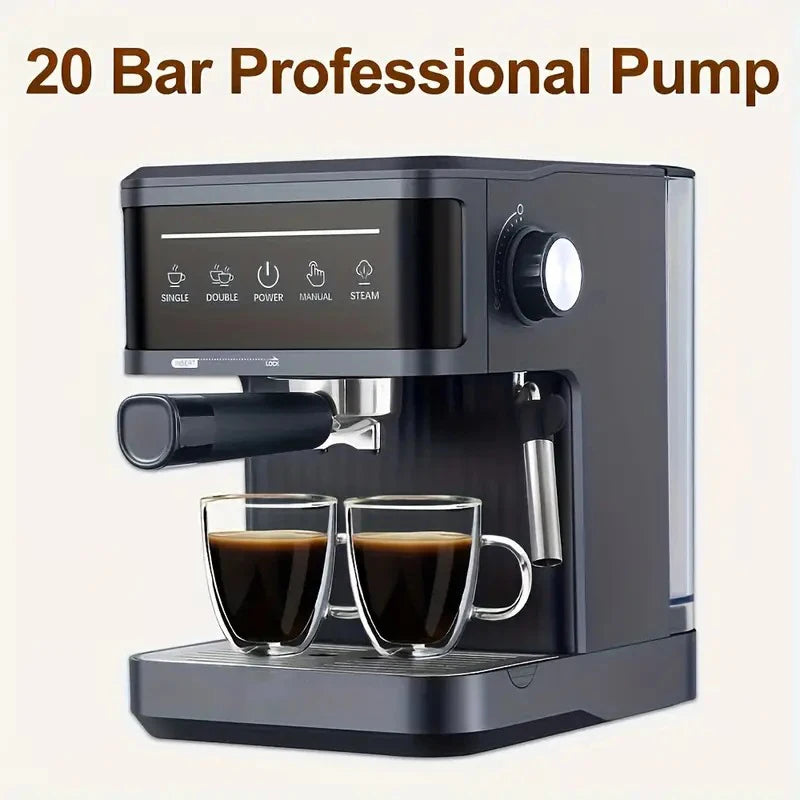 Black 20-bar professional espresso machine with steam wand, touch display, and two glass cups on a drip tray.