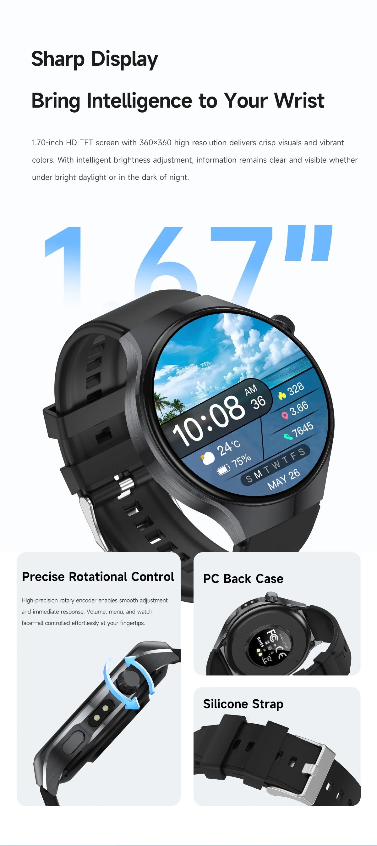 LIGE New 1000mAh Battery Smart Watch Health Monitor Bluetooth Call LED Flashlight Sports Tracker Smart Bracelet For Android ios