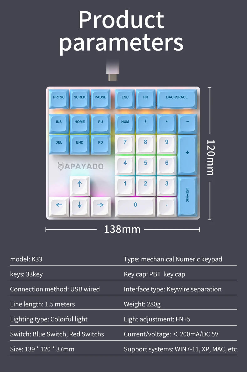 APAYADO K33 Mini Numeric Keyboard 33Keys,Blue Mechanical Shaft,RGB,PBT Keycaps for Treasury / Accounting / Finance