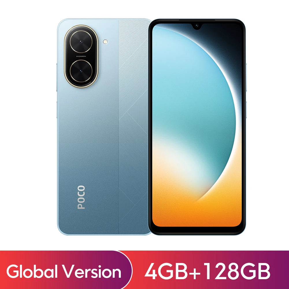 Blue Xiaomi POCO C71 smartphone, 6.88-inch display, dual camera, front and back view, 4GB+128GB, global version.