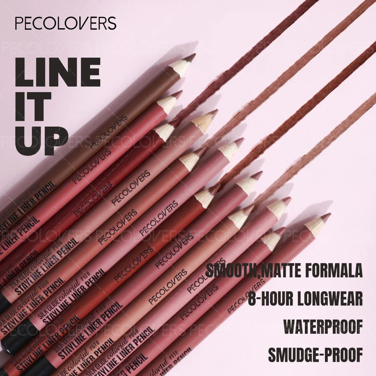 Pecolovers waterproof matte lip liner pencils in brown, pink, and purple shades with smooth, long-lasting color swatches.