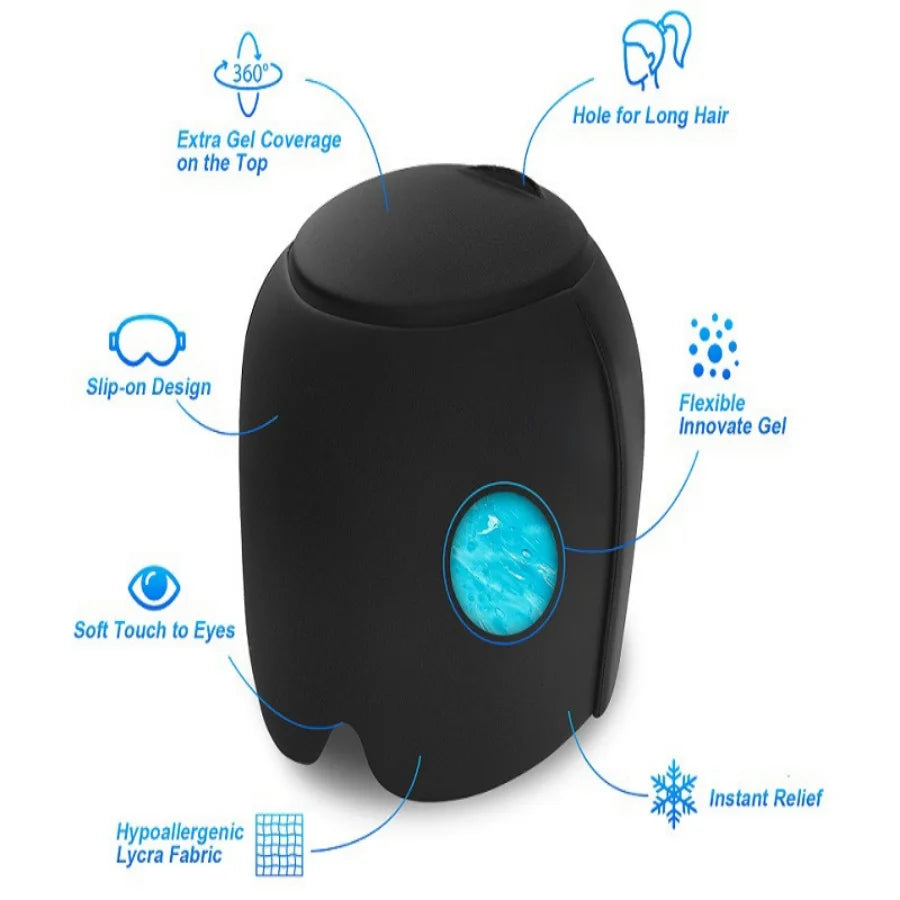 Black migraine ice cap, hot cold therapy gel hat with top coverage, slip-on design, and hair hole for headache relief.