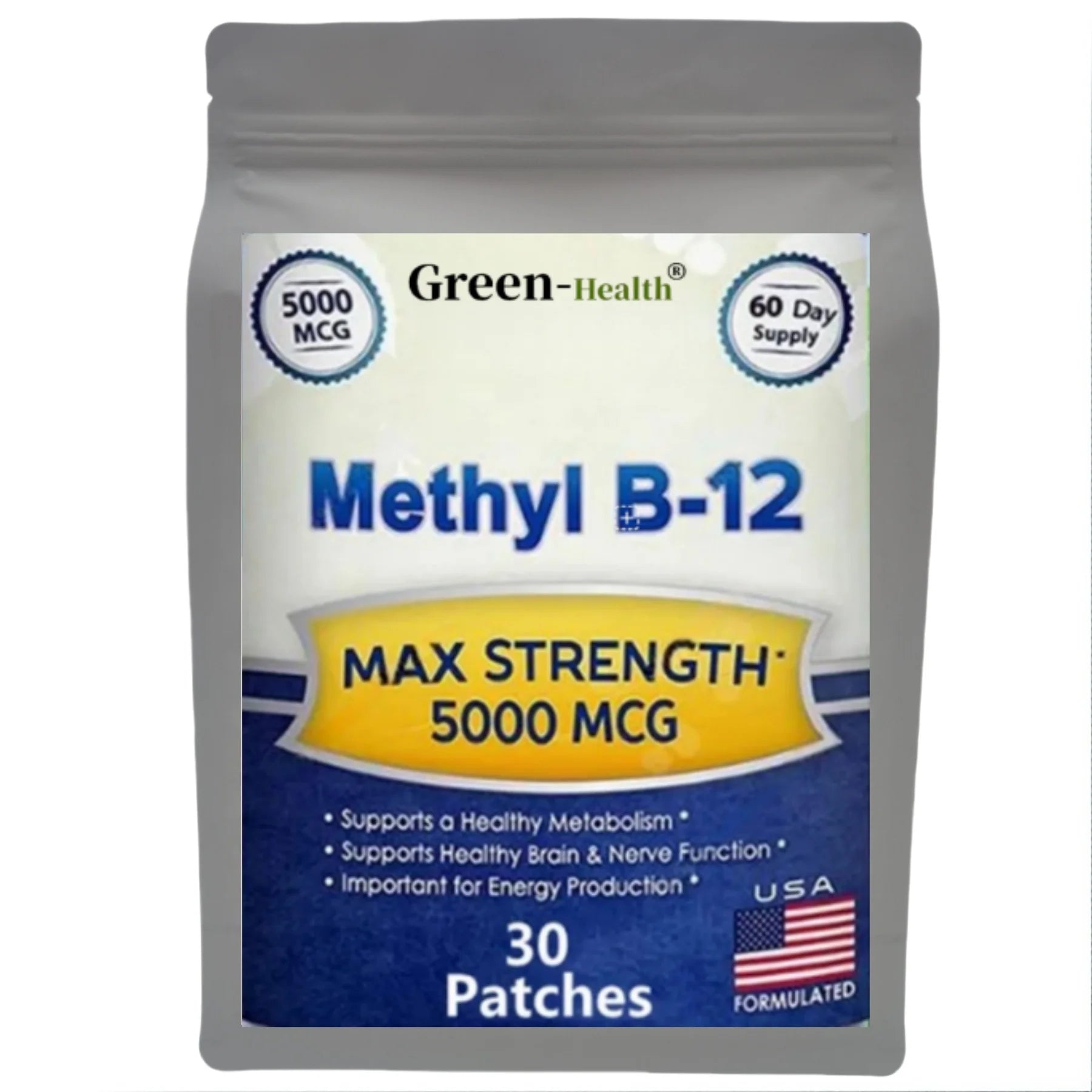 Green-Health Vitamin B12 5000 mcg Patches for brain support, energy, and metabolism. 30 count supplement by Tidesmit.