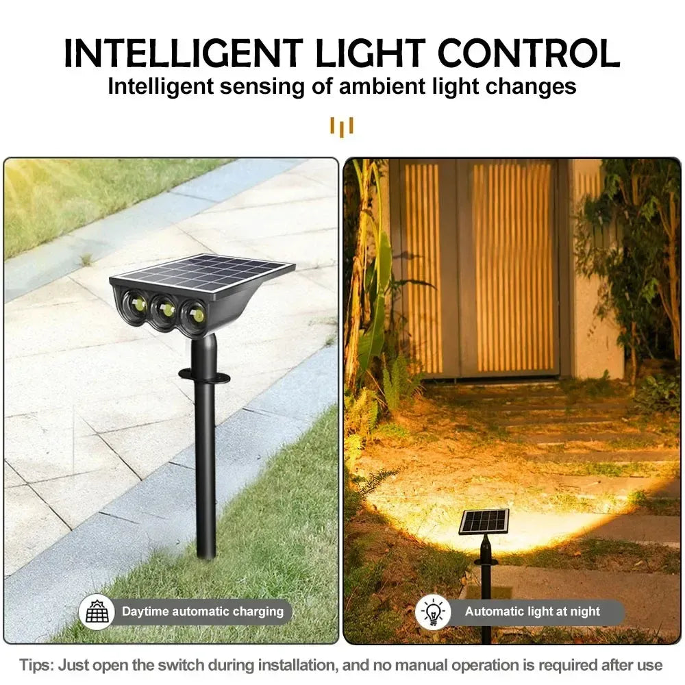 Black LED solar landscape light on a stake illuminating a pathway at night.