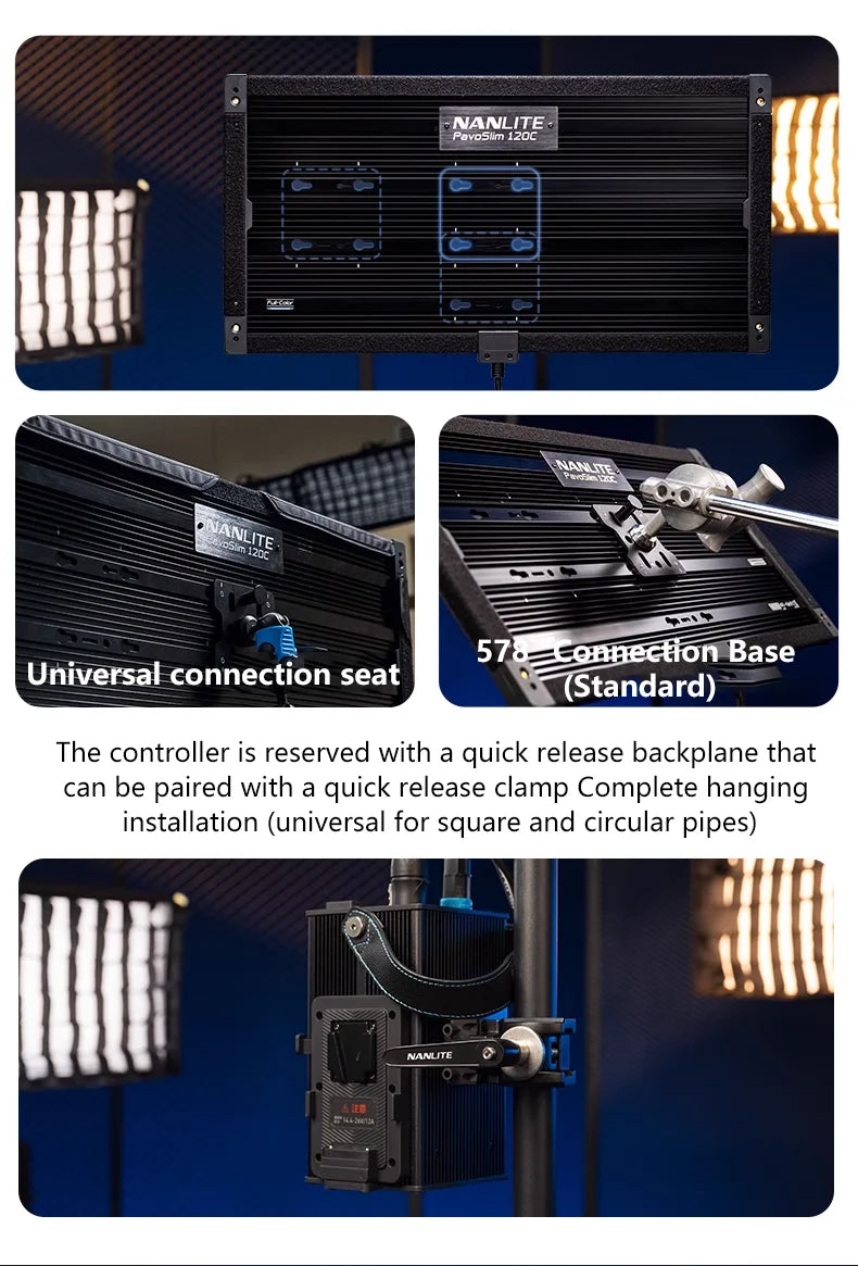PavoSlim 120C LED panel with black metal housing, showing quick-release backplane and clamp mounting hardware.