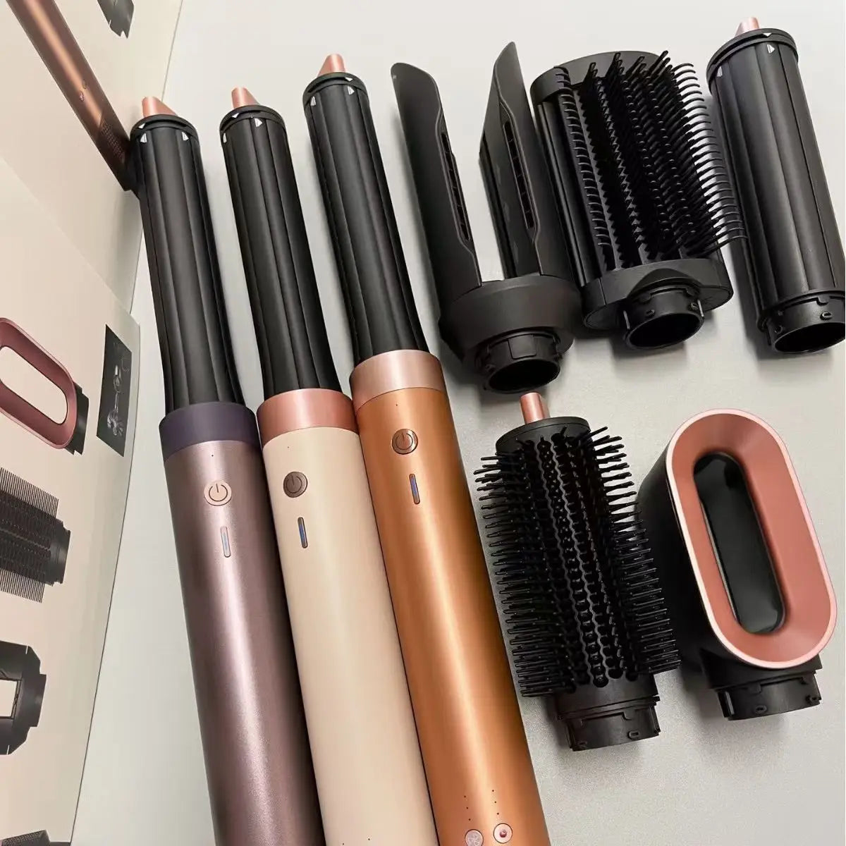 6-in-1 negative ion hair styler set with multi-color blow dryer handles, curling barrels, and brushes for styling.