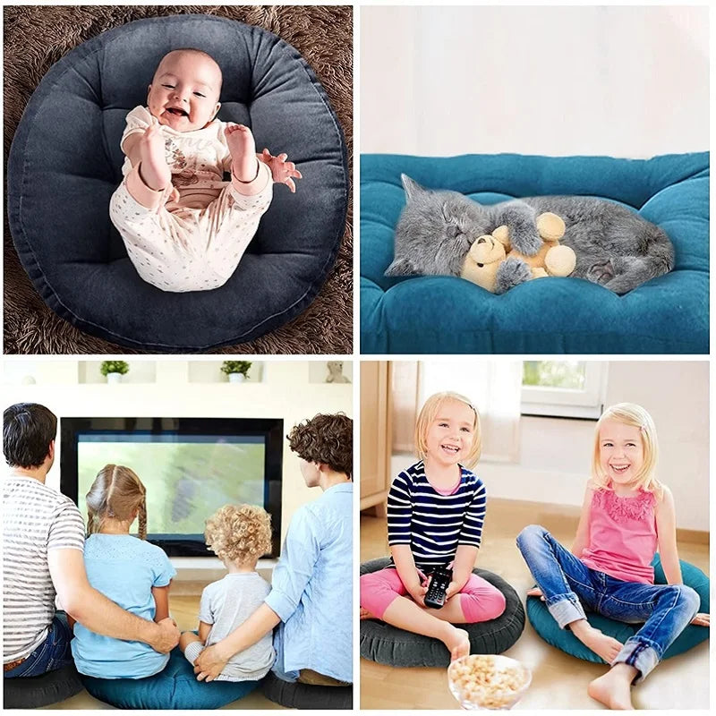 Thick Large Round Cushion,Soft & Comfortable Full-Filled Meditation Yoga Pillow, Bohemian Zen Home Decor in Vibrant Water Blue