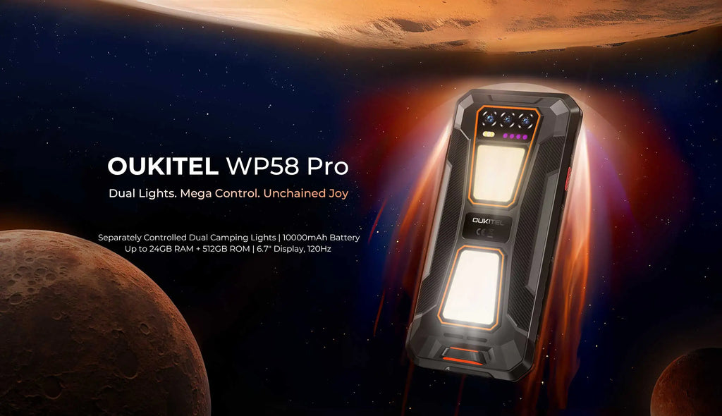 OUKITEL WP58 PRO 5G Rugged Phone 24GB(8+16) RAM + 512 ROM, 6.7'' HD 10000mAh 33W Android 15 NFC Cellphone with Dual Camping Lamp