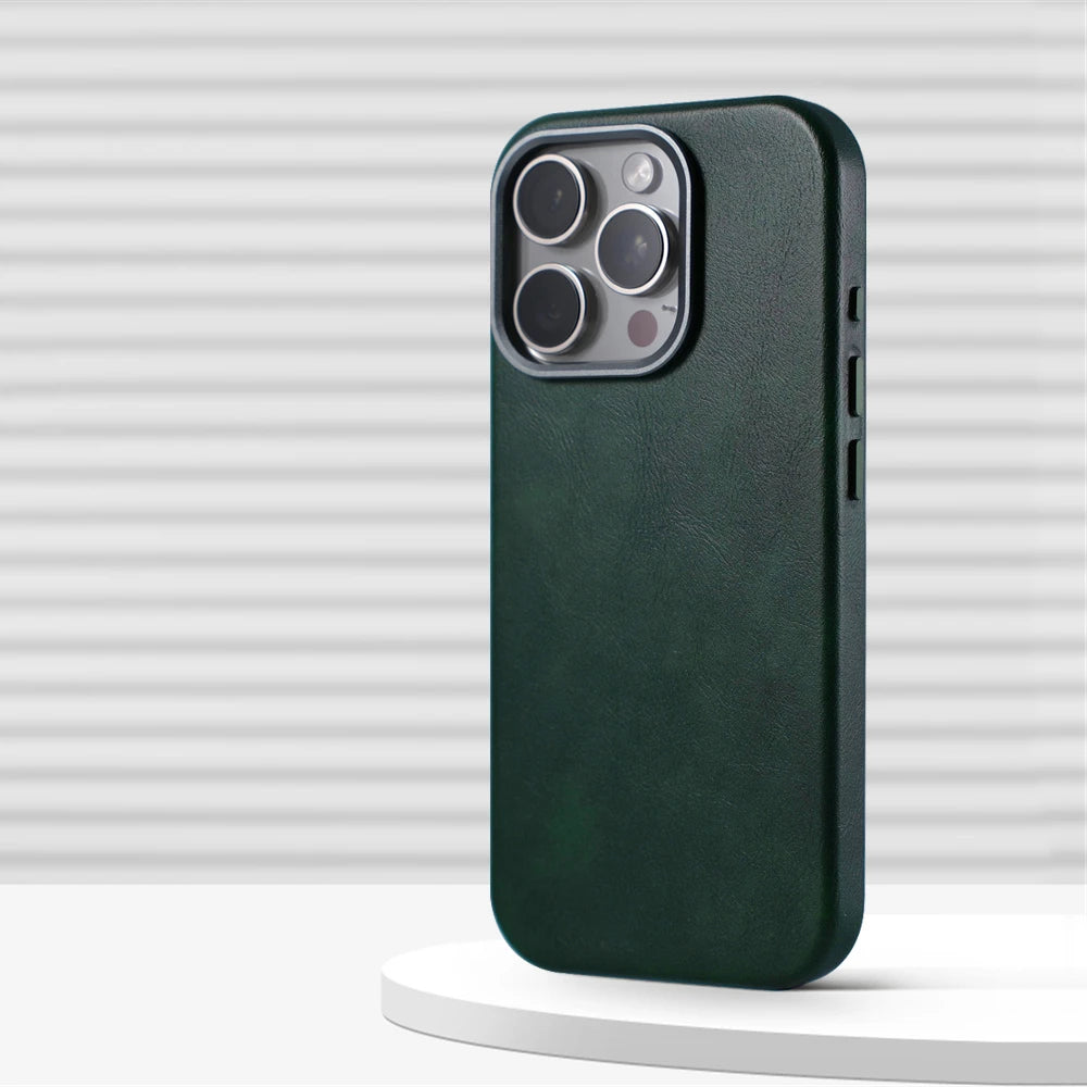 Magnetic Leather Case for iPhone 17 Pro Max with Alloy Lens Protection SW CX Dark Green Tidesmit