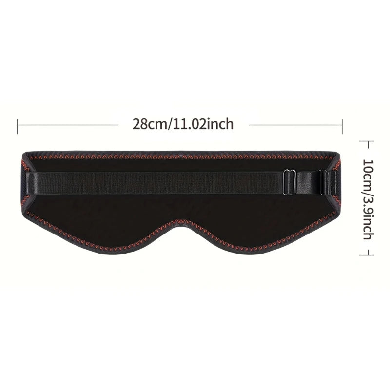 Black contoured heated eye mask with an adjustable strap, measuring 28cm by 10cm, featuring red stitched trim.