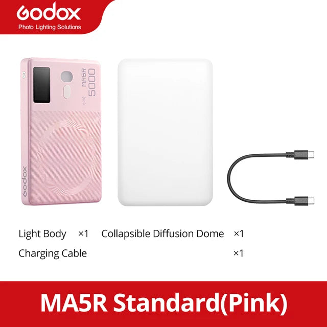 MA5R pink light body with white diffusion dome and USB-C charging cable for photography and video lighting.