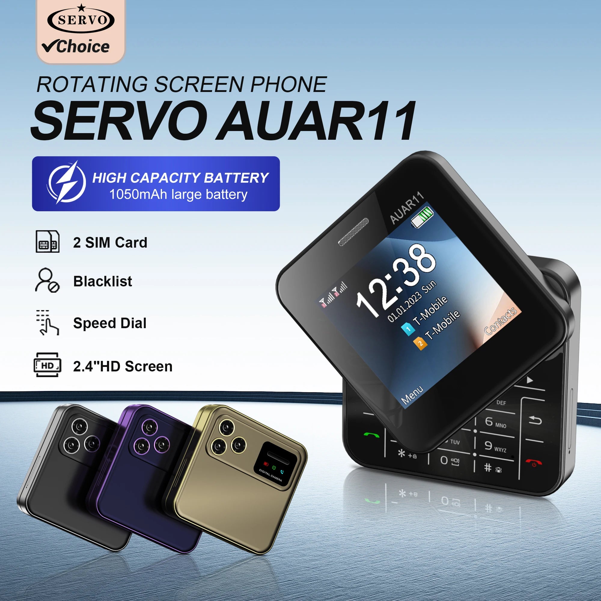 Low Price Sale SERVO AUAR11 2G GSM Rotate Screen Dual SIM Speed Dial Magic Voice Flashlight 2.4" Side Slider Square Cellphones