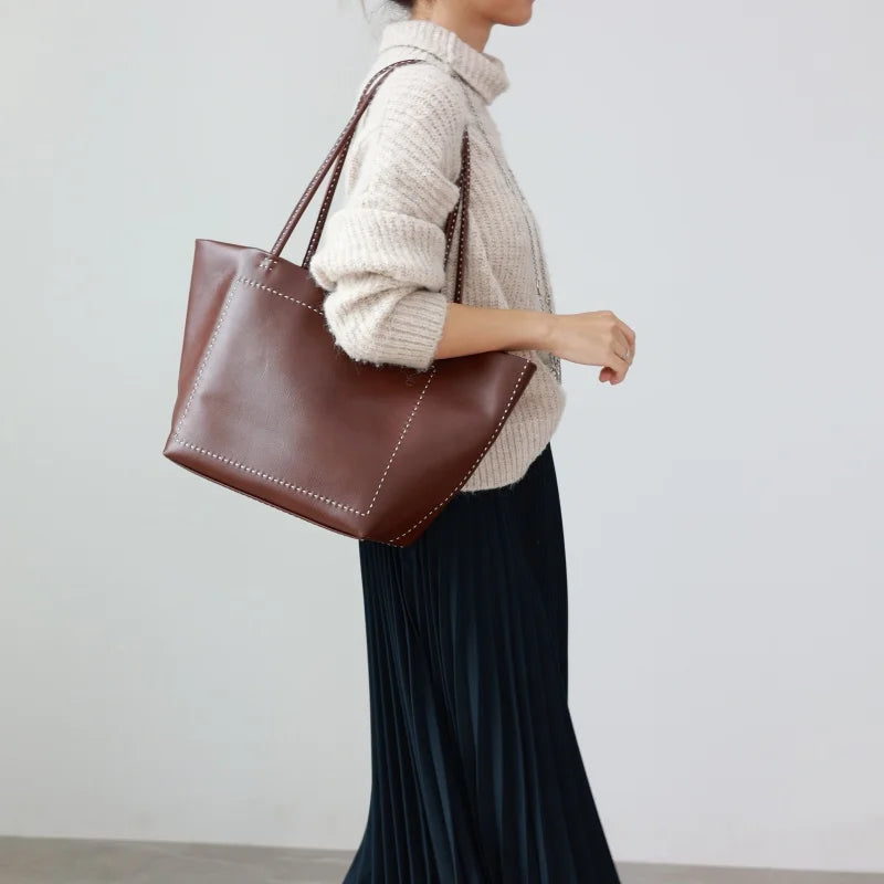Women Large Capacity Genuine Leather Tote Soft Shoulder Bag